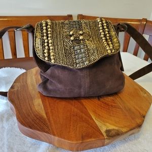 Beaded, medium, brown, over body or shoulder purse